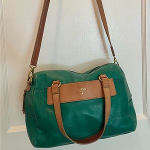 Vintage Fossil Green Leather Satchel Purse Handbag
